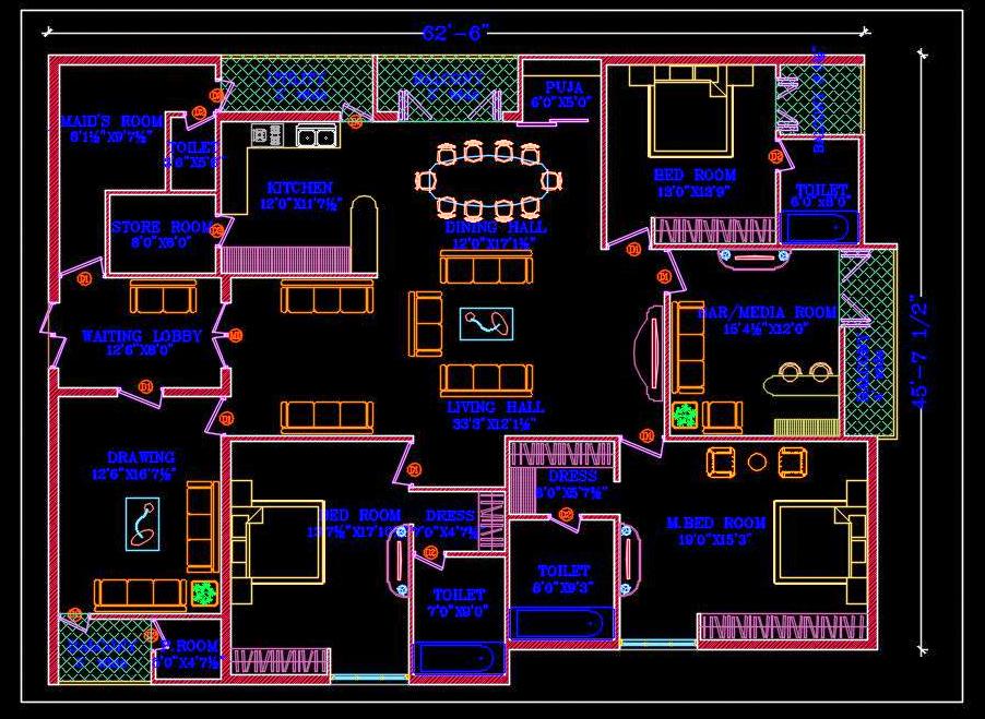 Modern 3 Bedroom Apartment Design - AutoCAD Floor Plan